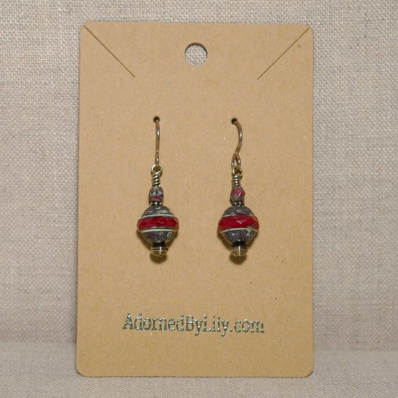 Hand Crafted Handmade Earrings Dark Red Czech Glass Saturn Bead Earrings - Picture 2 of 5
